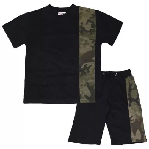 Kids Boys T Shirt Shorts Camouflage Green Contrast Panelled Top Summer Short Set