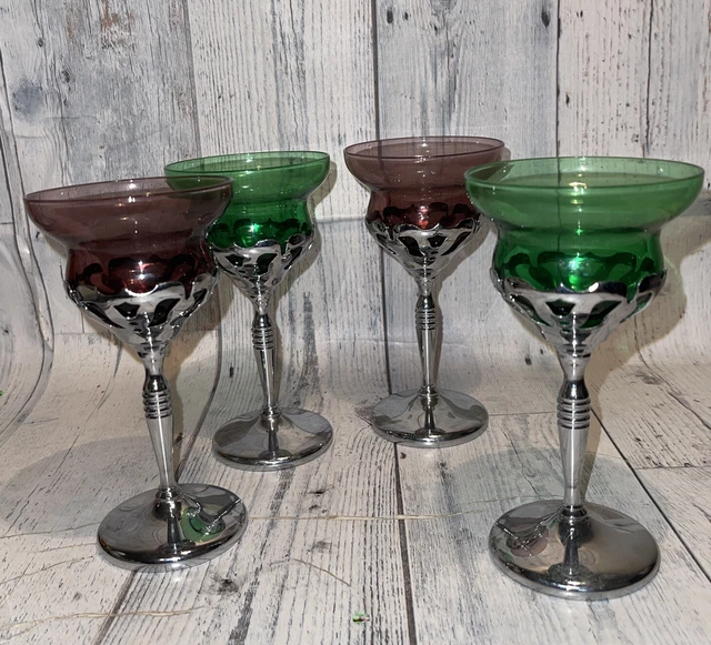 VINTAGE FARBER BROS CHROME with COLORFUL CAMBRIDGE GLASS COCKTAIL GLASSES (4)