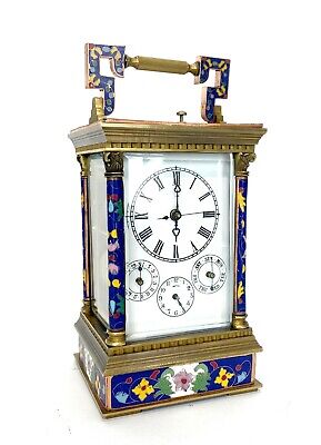 French Style Floral Blue Enamel Brass 8 Day Repeater Calendar Carriage Clock