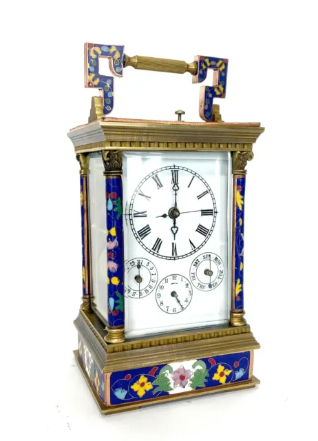 French Style Floral Blue Enamel Brass 8 Day Repeater Calendar Carriage Clock