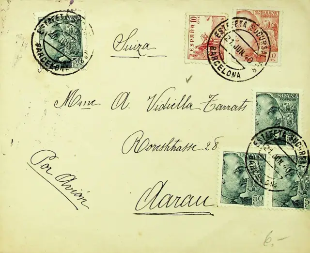 SPAIN 1940 WWII 6v ON CENSORED AIRMAIL COVER BARCELONA TO TO AARAU SWITZERLAND