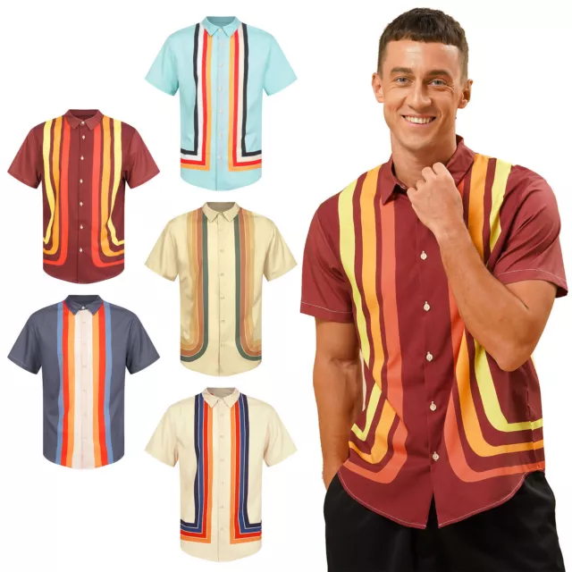 Mens Colorful Striped Shirt Holiday Beach Casual Turn-Down Collar Button Tops 3