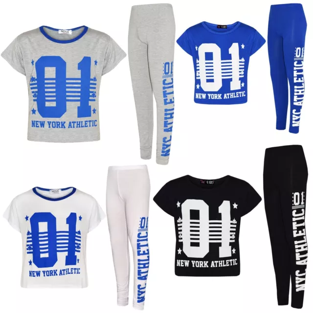 Girls Tops Kids 01 New York Athletic Print Stylish Crop Top Legging Set 7-13 Yrs