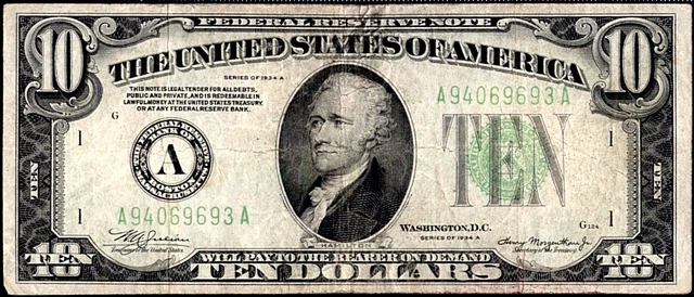 US Currency 1934 A $10 Federal Reserve Note A Boston Green Seal FR 2006 A