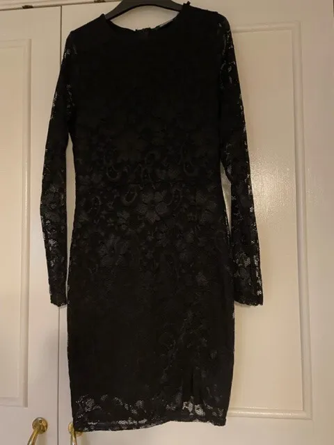 MISSGUIDED Black Eyelash Lace Plunge Neck Mini Dress Size UK 10