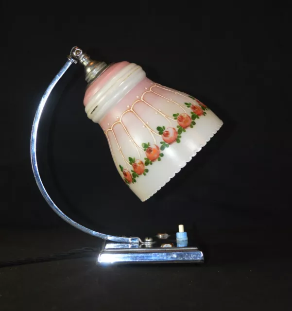 art deco swan neck chrome lamp bellova Emerlite hand painted glass shade C-1930s