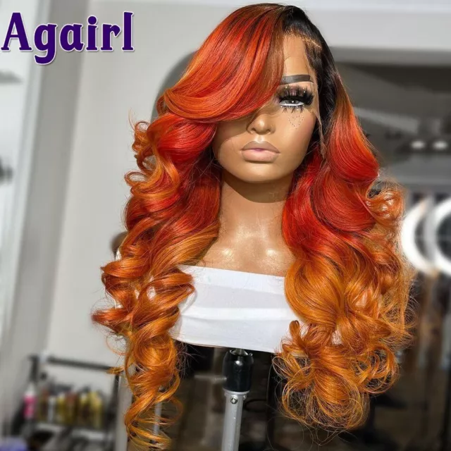 Ombre 1B Red Orange Body Wave Lace Front Human Hair Wigs Transparet Pre-Plucked