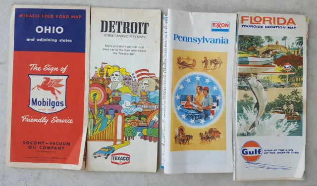 Vintage 1950's-70's Road Map Lot Mobilgas Texaco Gulf Exxon OH FL PA Detroit MI