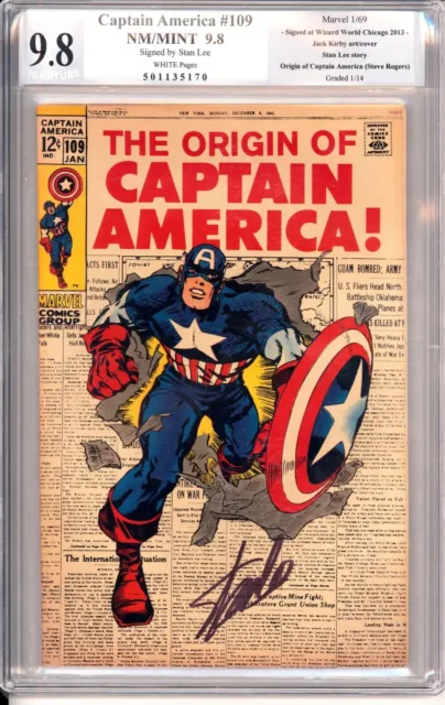 CAPTAIN AMERICA #109 PGX 9.8 SS signed by STAN LEE!!!  Origin of CAP, not cgc
