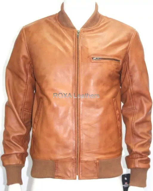 URBAN Men Authentic Lambskin Real Leather Jacket Tan Bomber Soft Motorcycle Coat