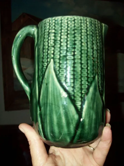 Antique Majolica Pottery Ear of Corn Forest Green Pitcher marked 44