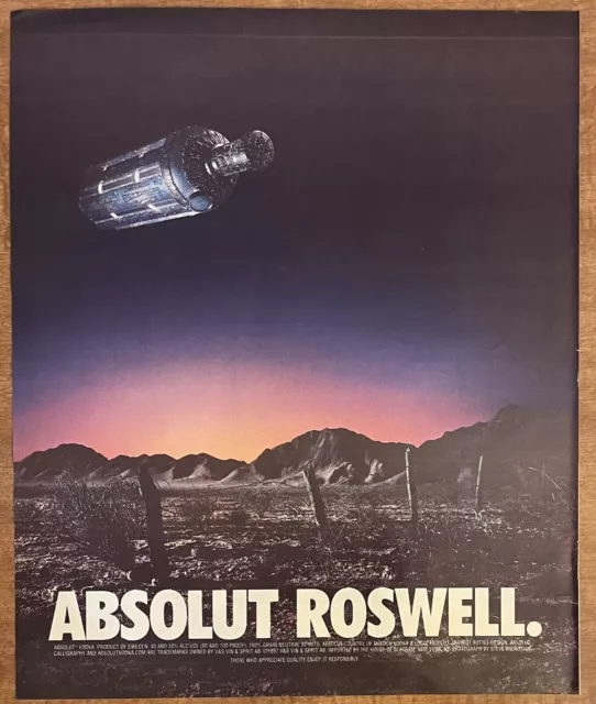 1997 Absolut Vodka Roswell Area 51 UFO ET Alien Spaceship Liquor 90s Print Ad