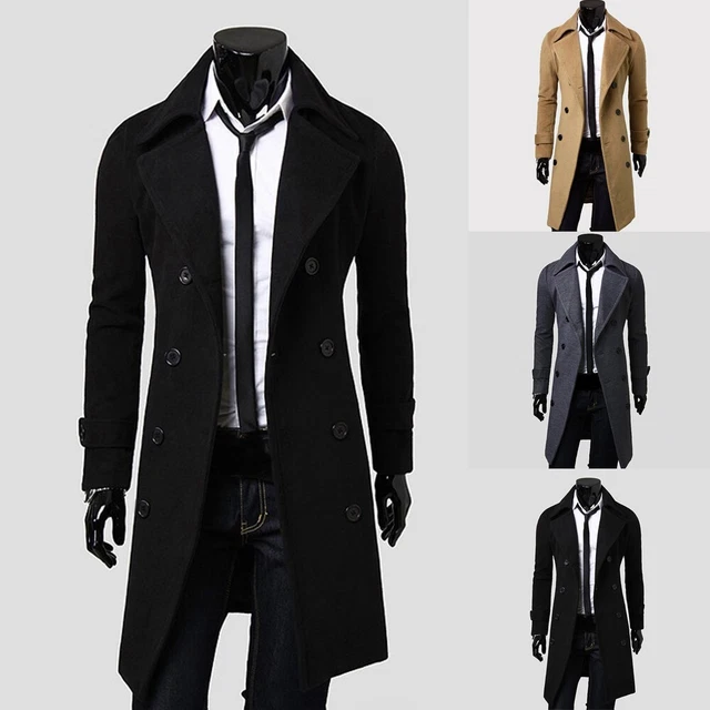 Uomo Doppio Petto Cappotto Trench Caldo Inverno Lungo Giacca Cappotto Giacca