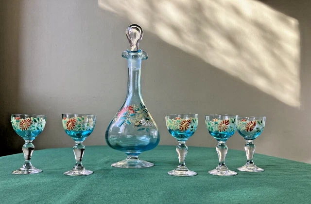 Ancien Service à Liqueur – Fontaine En Verre émaillé, Grappe De Raisin Et Bronze, 6 Verres