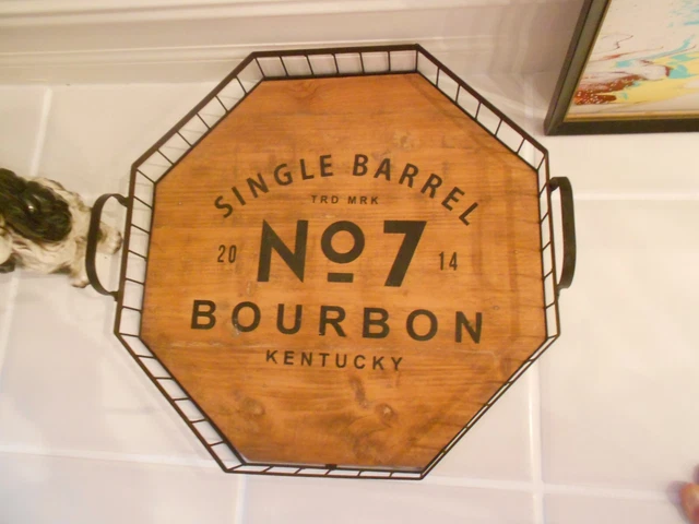 single barrel no. 7 bourbon kentucky wood metal tray w/handles 16 1/2" x 4"