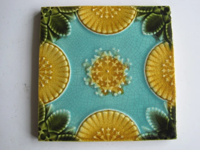 Antique 6" Moulded & Majolica  Glazed Tile - Turquoise /Gold /Green - Corn Bros?