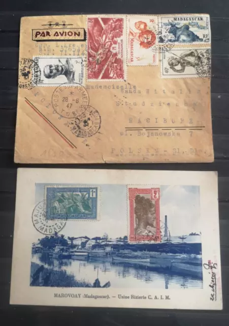 timbre COURRIER et carte de MADAGASCAR POUR la POLOGNE DU 28/08/1947 et 27/7 36