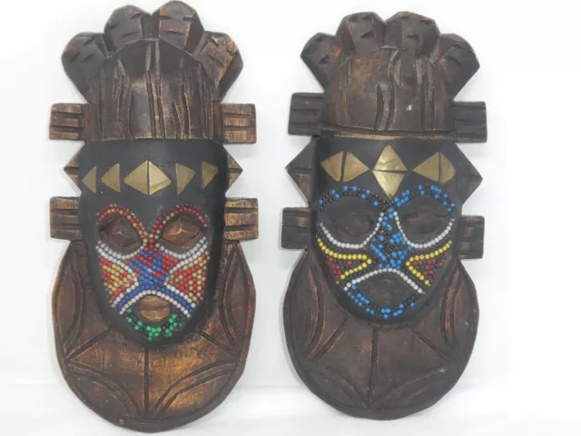 Vintage Pair Hand Crafted Wood African Tribal Masks Beads Brass Wall Decor