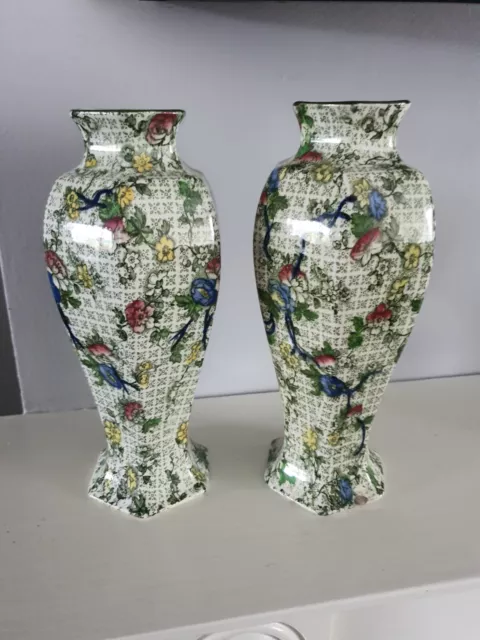 Antique Deans Pottery Staffordshire  Chintz Vases A Pair 20cm High