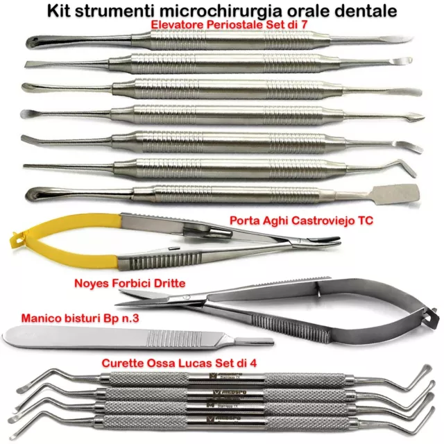 Kit Strumenti Microchirurgia Orale Dentale Elevatori Curette Porta Aghi Forbici