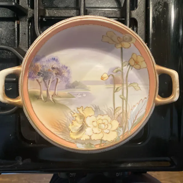 Noritake Nippon Hand Painted 2 Handle Bowl Yellow Floral Lake Scene Raised Gold