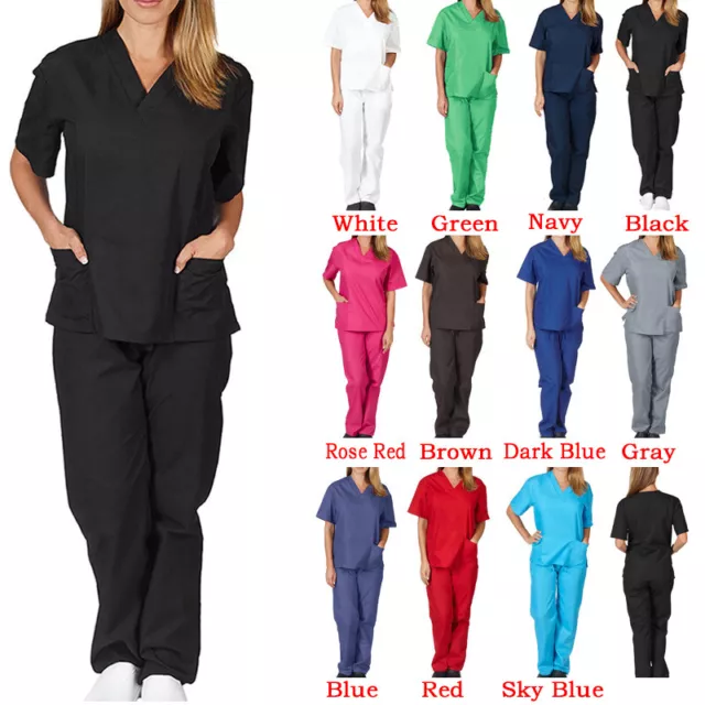 Mens Womens Hospital Medical Doctor Nurse Scrubs Tunic Work Uniform 2 Piece Suit