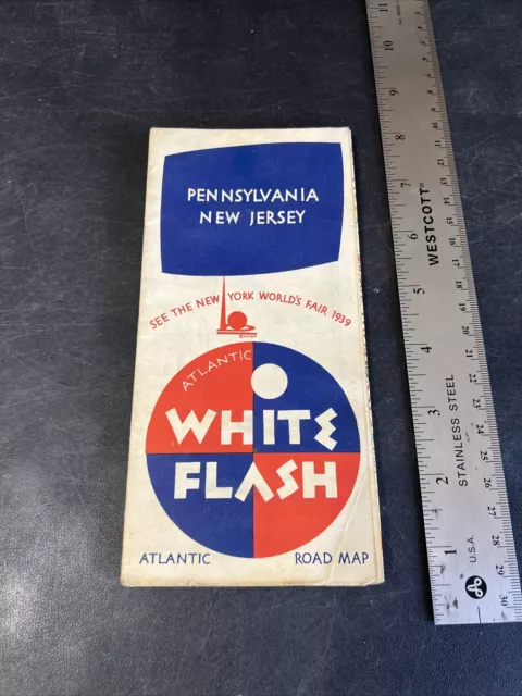 1939 New York Worlds Fair Atlantic Gasoline & Lubricants Pa NJ Map White Flash