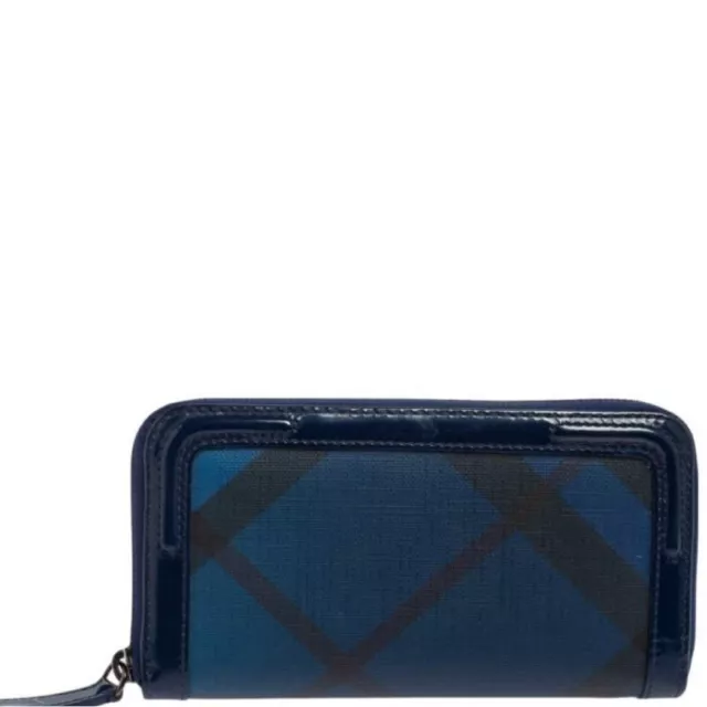 Authentic Burberry Blue Check Coated Canvas and Patent Leather Zip Around Wallet 2