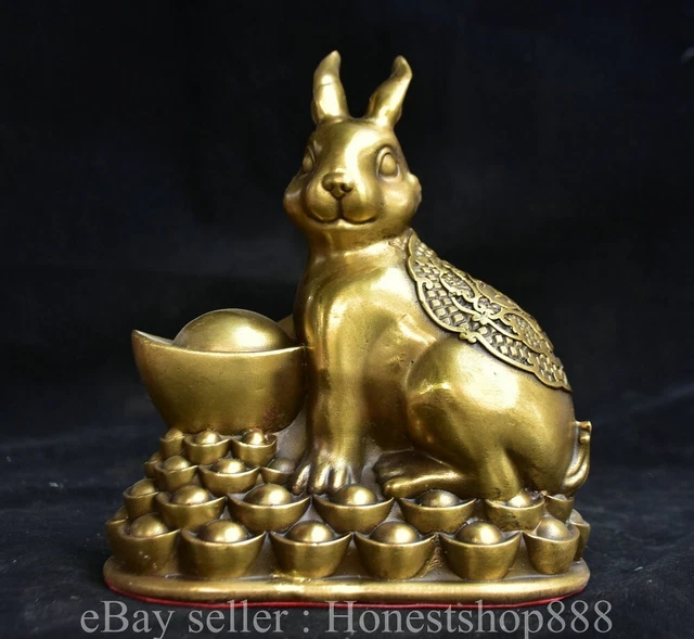 8.4" Chinese Pure Brass Fengshui 12 Zodiac Year Rabbit Yuan bao Wealth Statue