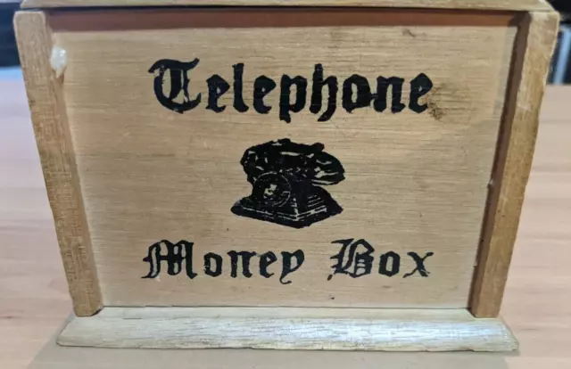 Vintage Telephone Wooden Money Box Timber Wood Curio Collectable