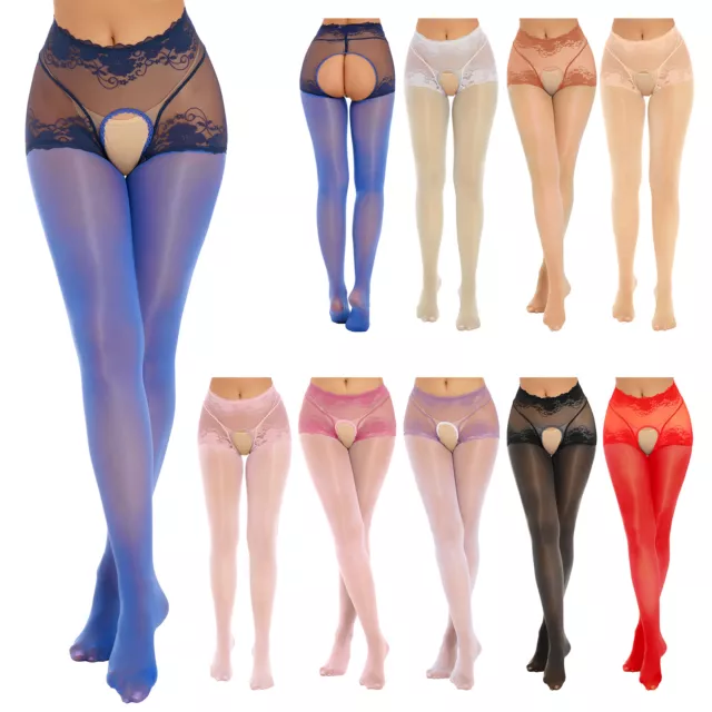 Women Oil Shiny Crotchless Tights Sheer See Through Shaping Pantyhose Underwear