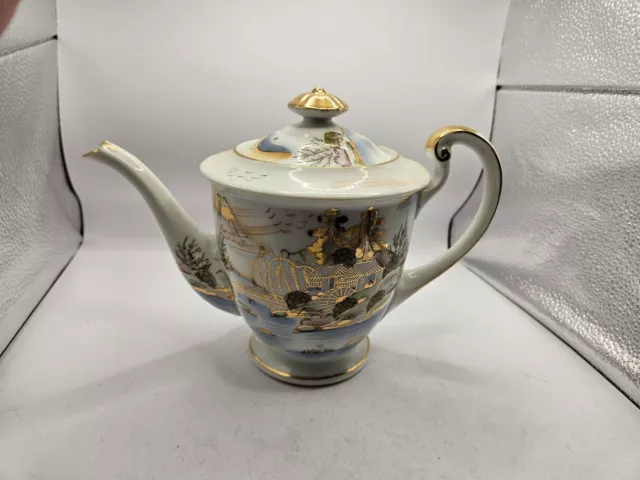 VINTAGE Kutani Japan Gold Accent Countryside House Mountains China Tea Pot Used