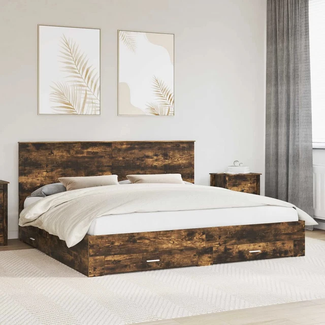 BED FRAME WITH Drawer Smoked Oak 200 x 200 cm Engineered Wood vidaXL £ ...