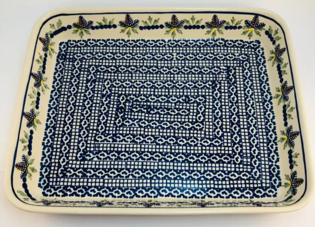 Polish Pottery Rectangular Casserole Dish 10.5"x12" Blue Geometric