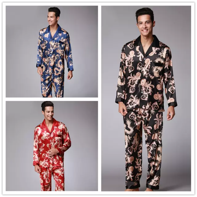 Men Satin Faux Silk Pyjama Sets Sleepwear Nightwear Chinese Dragon Night Gown