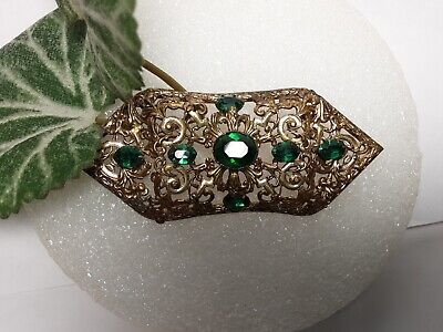 Antique Victorian Art Nouveau Green Cezh Glass Gilded Brass Pin Bar Brooch 4"