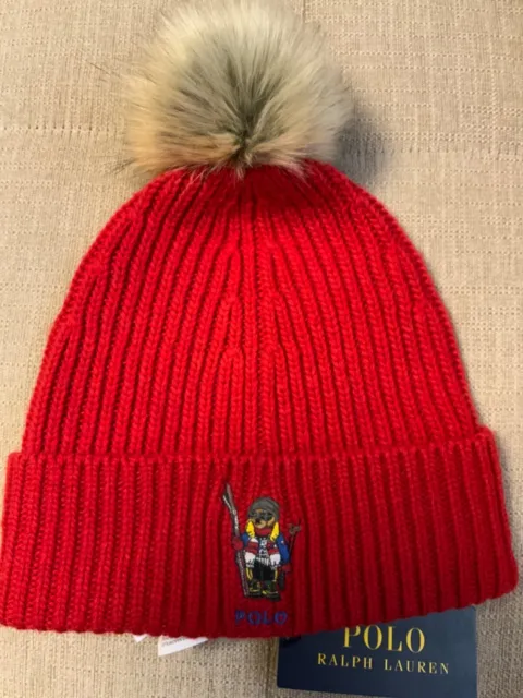 POLO Ralph lauren Iconic ski bear pom pom cable knit hat O/S NWT$78 wool blend