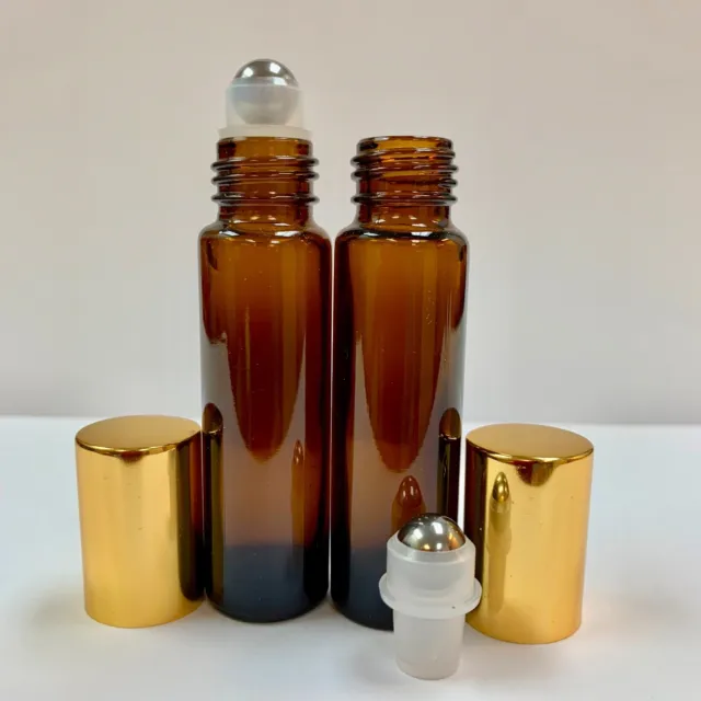 10ml PLAIN 1/3 oz AMBER Glass Bottles With Aluminum Gold Cap & Steel Roller