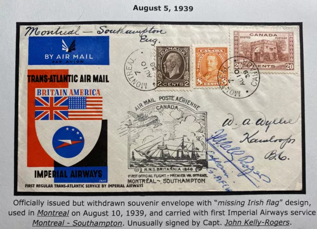 1939 Montreal Canada First Transatlantic Flight Cover Signed By Capt Rogers