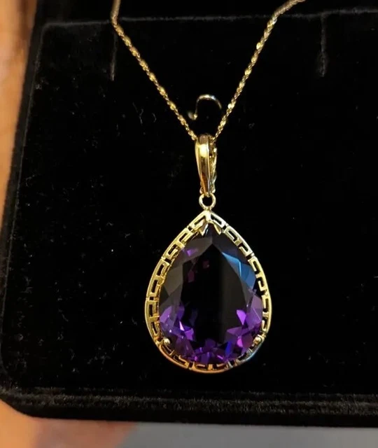 14kt Yellow Gold Pear Cut Amethyst Greek Key Tear Drop Pendant /30" 14kt Chain