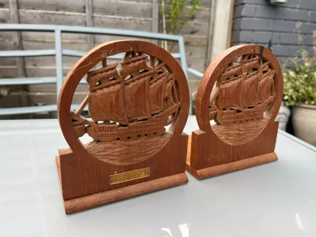 Rare Old Pair Of Carved Book Ends - Made From Teak Of Hms Iron Duke Jutland 1916