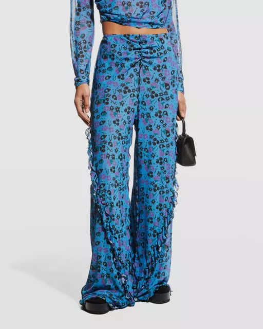 $445 Anna Sui Women's Blue Ruffle Trim Field Flower Pants Size M