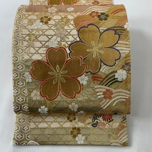 Woman Japanese Kimono Fukuroobi Silk Sakura Fan Foil Gold Thread Pink Beige