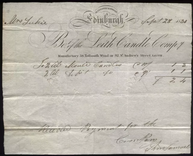 1830 EDINBURGH - LEITH CANDLE Co - 16 FREDERICK ST, Manufactory TOLBOOTH WYND