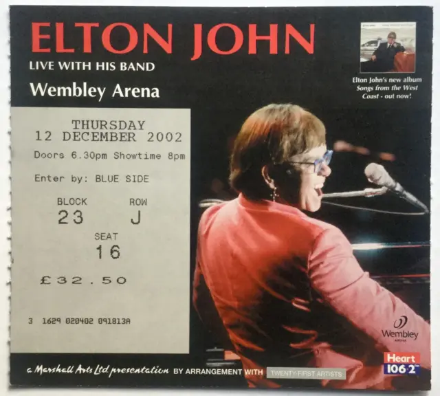 Elton John Original Used Concert Ticket Wembley Arena London 12 Dec 2002