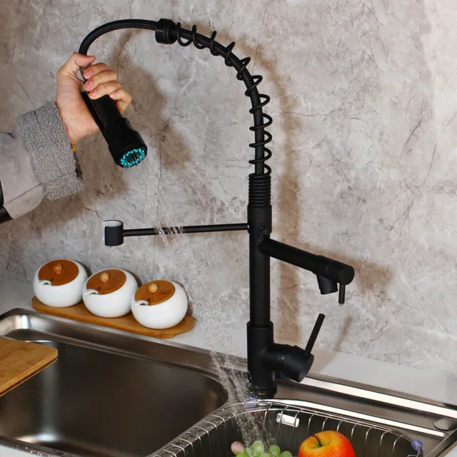 Matt schwarz Küchenspüle 2-Wege drehbar Auslauf herausziehbar Sprühmischer Wasserhahn Messinghahn