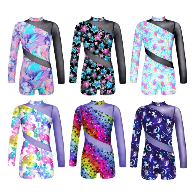 UK Kids Girls Long Sleeve Print Gymnastics Leotard Ballet Dance Unitard Costume 3