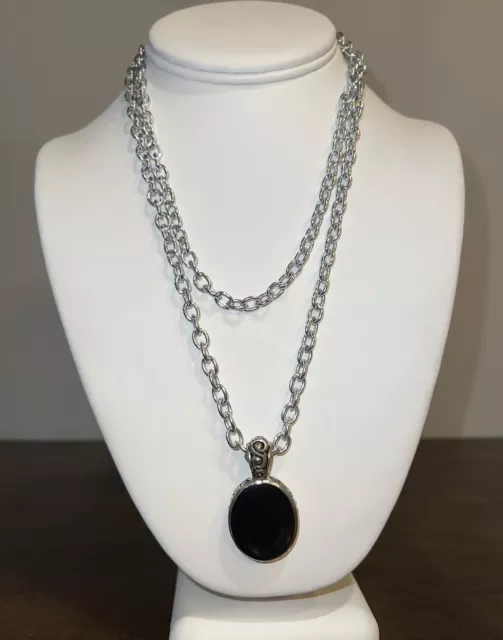 Black pendant Necklace Silver Tone Oval Drop Chain Charm Long Layering