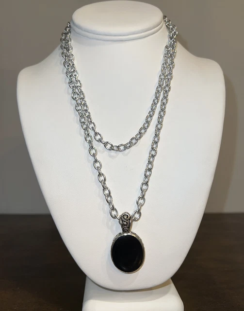 Black pendant Necklace Silver Tone Oval Drop Chain Charm Long Layering