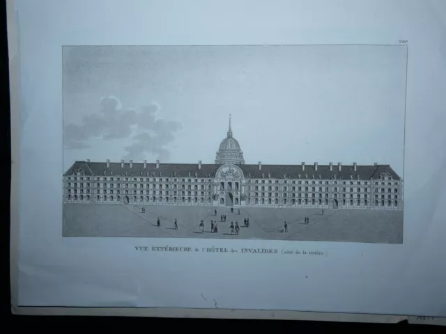 gravure  mi XIXeme vue exterieure hotel des invalides   paris